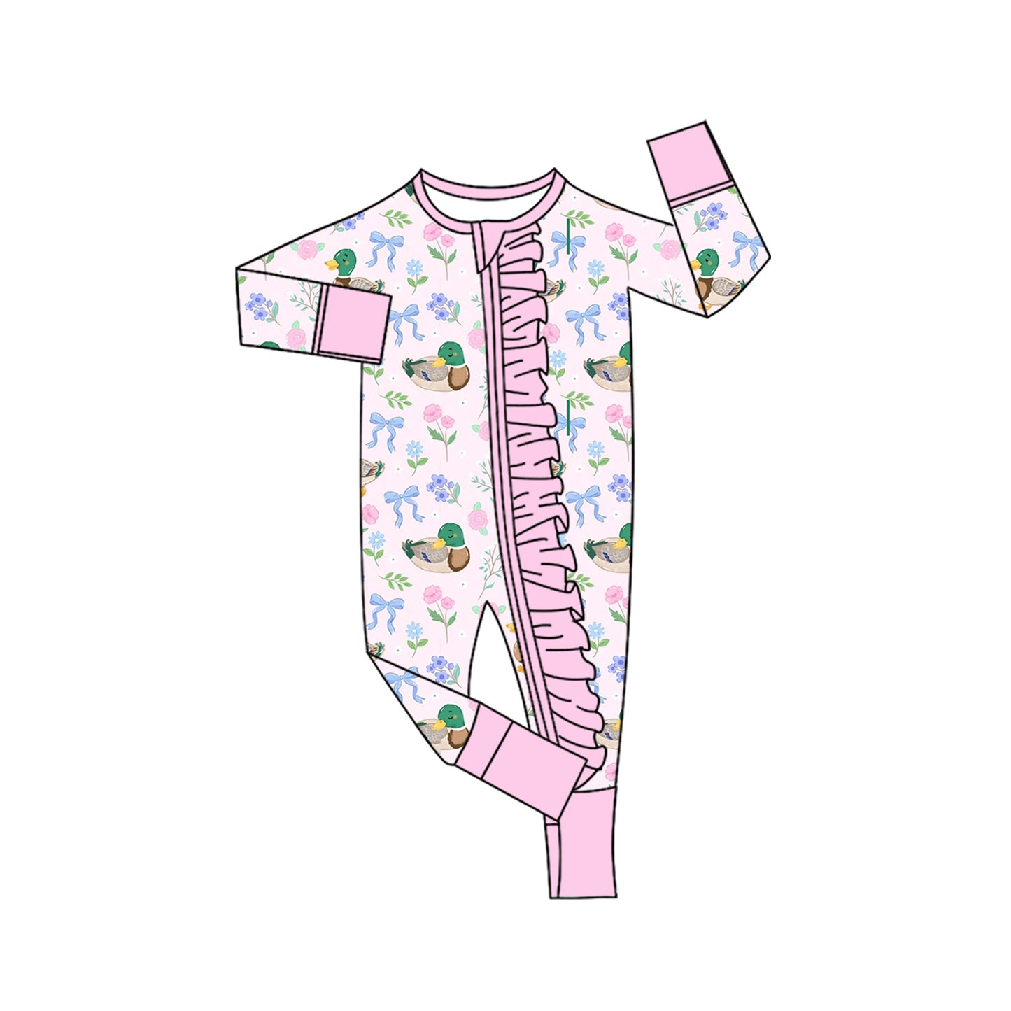 (Pre Order) No moq Baby Girls Cute Ducks Flowers Top Flare Pant Hunting Clothes Rompers Dress