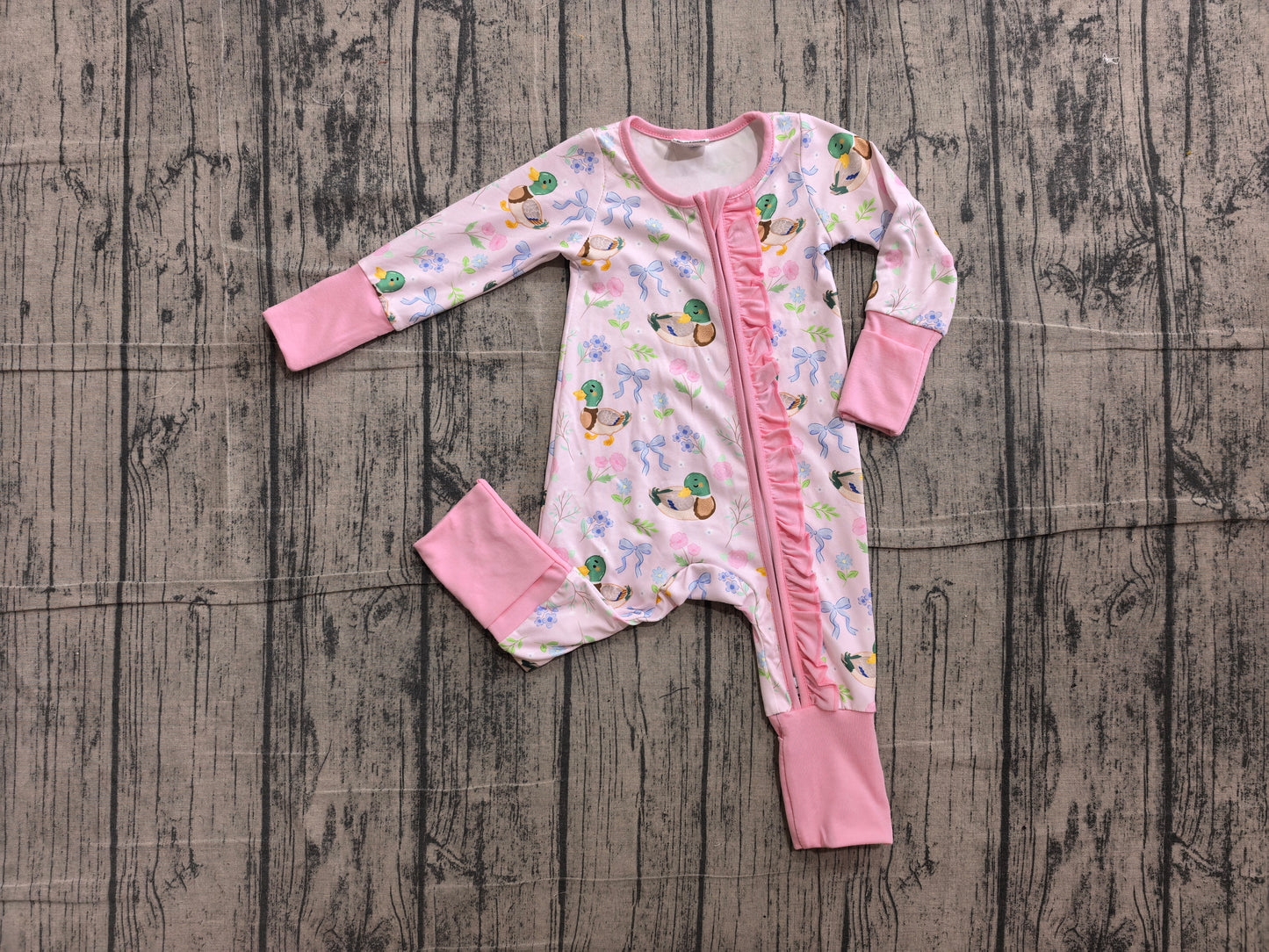 (Sample) No moq LR3071 Baby Girls Floral Duck Hunting Long Sleeve Two Way Ruffle Zip Convertible Rompers