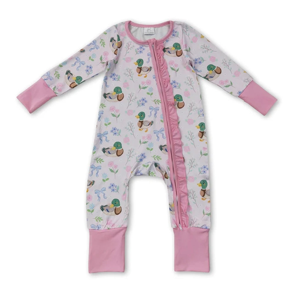 RTS NO MOQ Sibling milk silk Baby Girls Pink Mallard Duck Bow Print Outfit Zipper Ruffle Romper And Short Sleeve Scallop Set