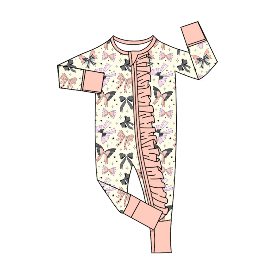 (Pre Order) No moq milk silk Baby Girls Bows Spiders Halloween Two Way Ruffle Zip Convertible Romper