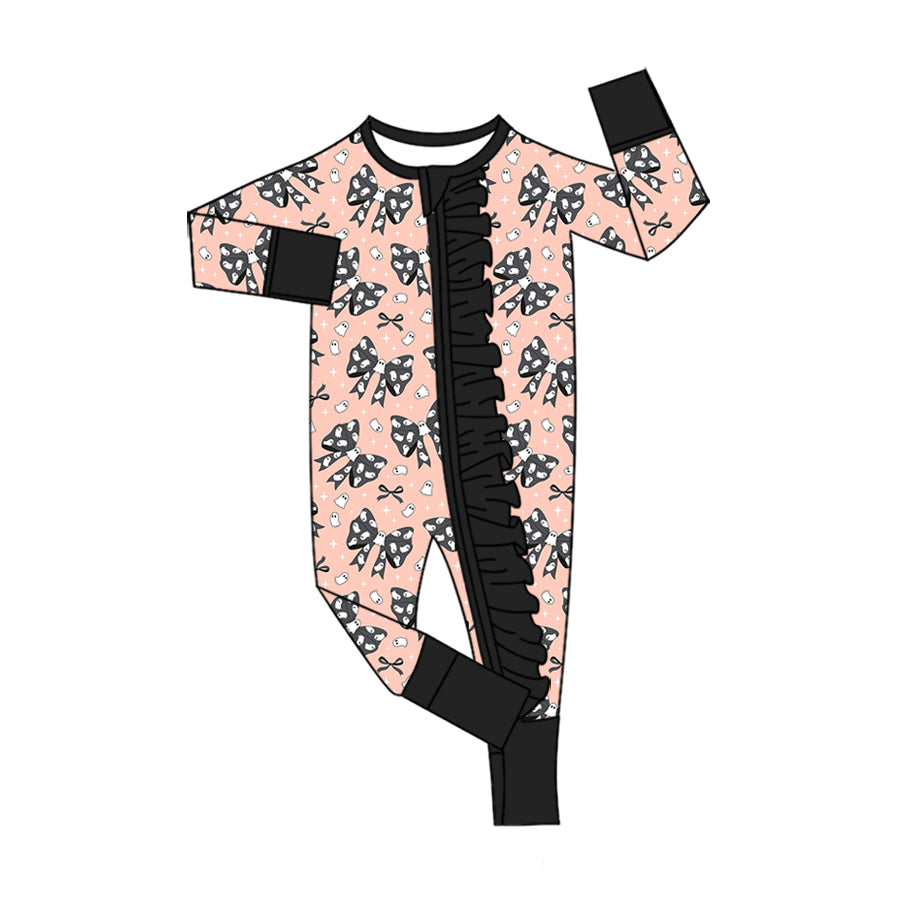 (Pre Order) No moq milk silk Baby Girls Bows Spiders Halloween Two Way Ruffle Zip Convertible Romper
