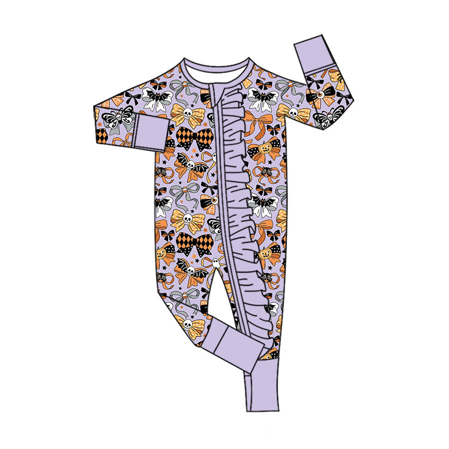 (Pre Order) No moq milk silk Baby Girls Bows Spiders Halloween Two Way Ruffle Zip Convertible Romper