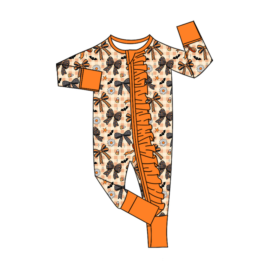 (Pre Order) No moq milk silk Baby Girls Bows Spiders Halloween Two Way Ruffle Zip Convertible Romper