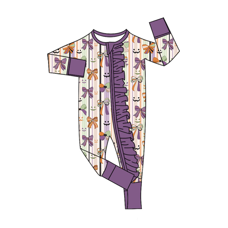 (Pre Order) No moq milk silk Baby Girls Bows Spiders Halloween Two Way Ruffle Zip Convertible Romper
