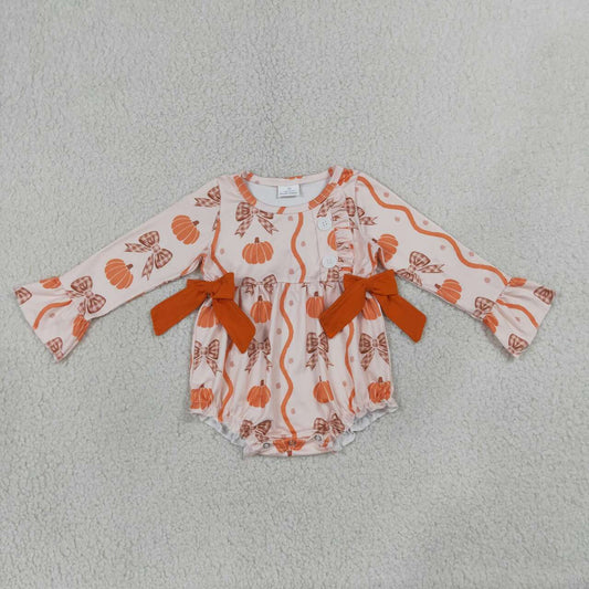 NEW RTS NO MOQ milk silk LR3083 Baby Girls Stripe Pumpkin Bow Long Sleeve Button Ruffle Hem Halloween Romper