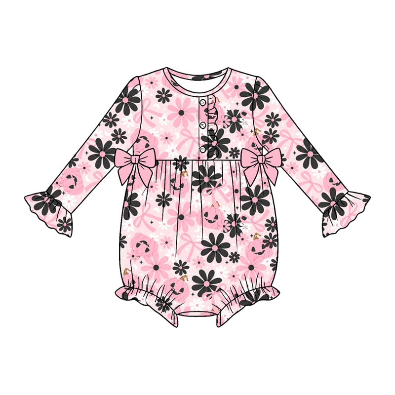 (Preorder new) No moq milk silk Baby Girls Pumpkin Print Bow Button Top Ruffle Pants Set Dresses Romper