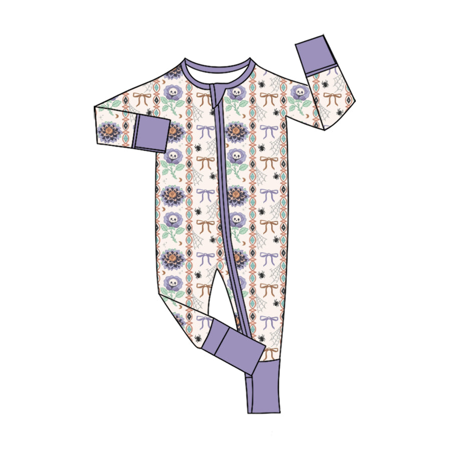 (Preorder new) No moq milk silk Baby Girls Halloween Bow Long Sleeve Zip Convertible Rompers