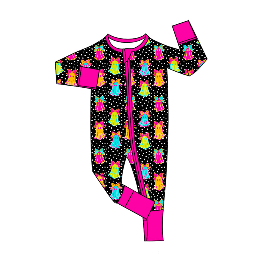 (Preorder new) No moq milk silk Baby Girls Halloween Bow Long Sleeve Zip Convertible Rompers