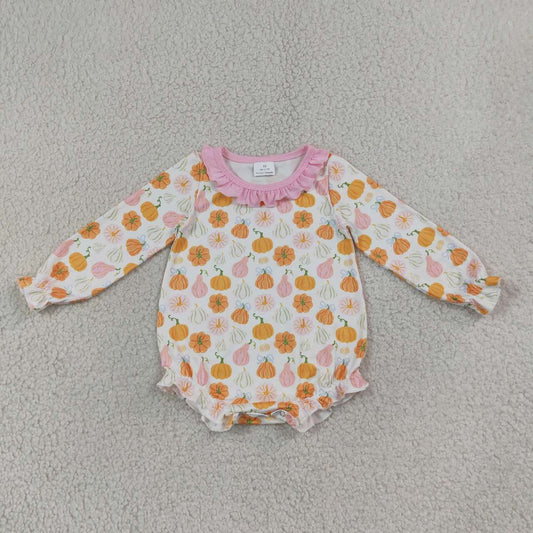 NEW RTS NO MOQ milk silk LR3098 Baby Girls Pumpkin Long Sleeve Ruffle Rompers
