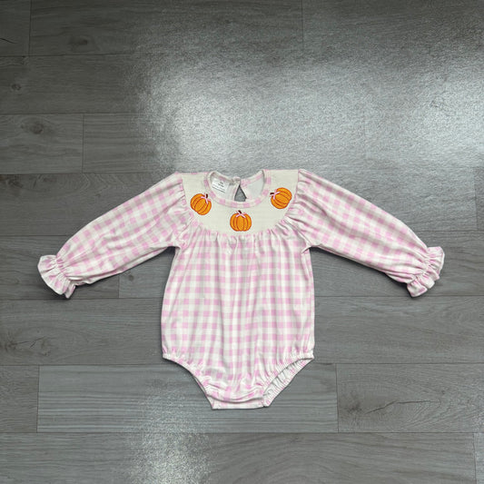 (Sample) No moq milk silk LR3106  Smocked Baby Girls Pink Checked Pumpkin Print Long Sleeve Ruffle Romper