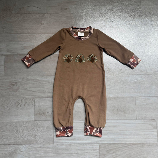 (Sample) No moq milk silk LR3108 Embroidery Baby Boys Camo Turkey Thanksgiving Romper Holiday Casual Outfit