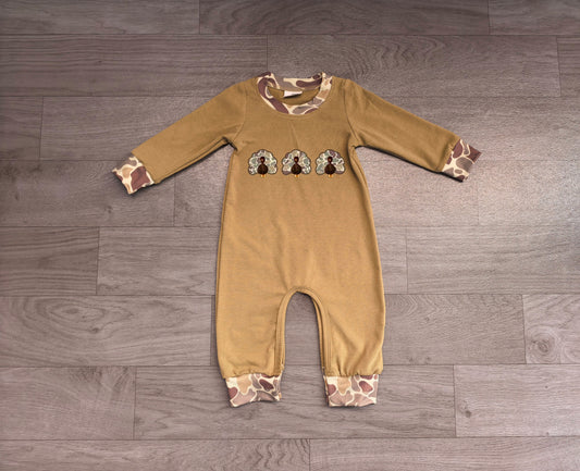 (Sample) No moq milk silk LR3109 Embroidery Camo Turkey Baby Boys Thanksgiving Pant Rompers
