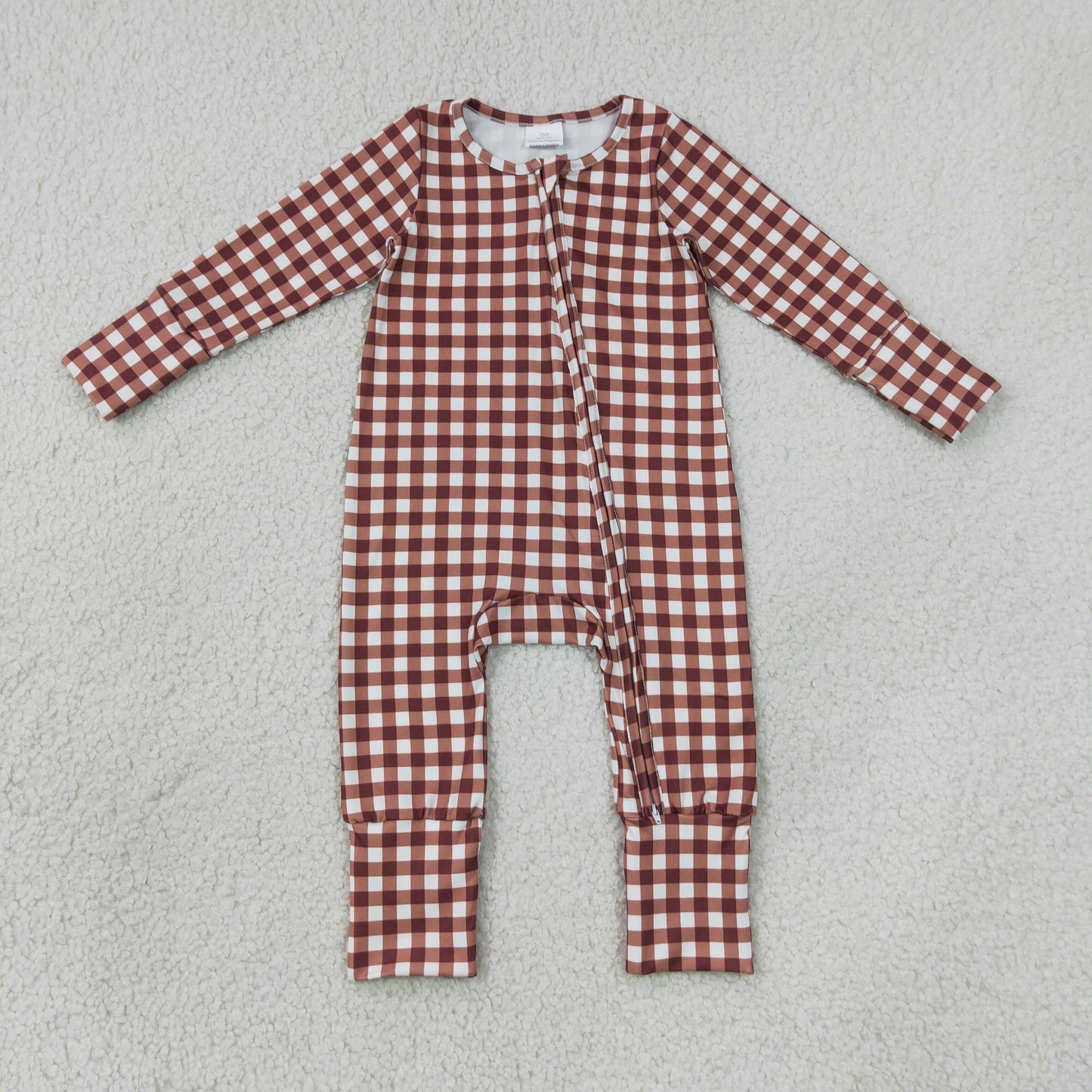 RTS NO MOQ Sibling milk silk Baby Boys Khaki Checked Print Top Matching Pants Pajamas Clothes Set Two Way Zip Convertible Rompers