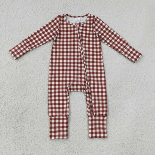 NEW RTS NO MOQ milk silk LR3113 Baby Boys Plaid Two Way Zip Convertible Romper