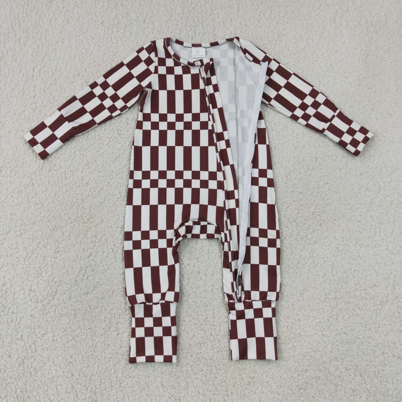 NEW RTS NO MOQ milk silk LR3114 Baby Boys Maroon Check Long Sleeve Two Way Zipper Rompers
