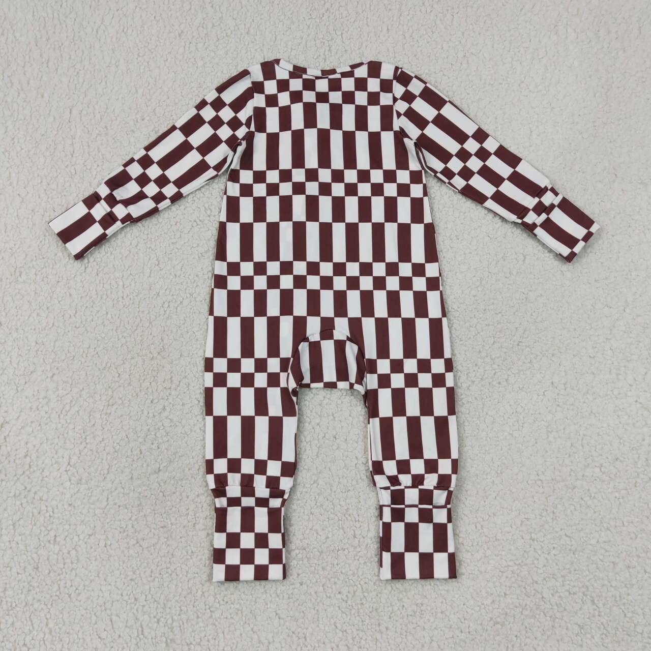 NEW RTS NO MOQ milk silk LR3114 Baby Boys Maroon Check Long Sleeve Two Way Zipper Rompers