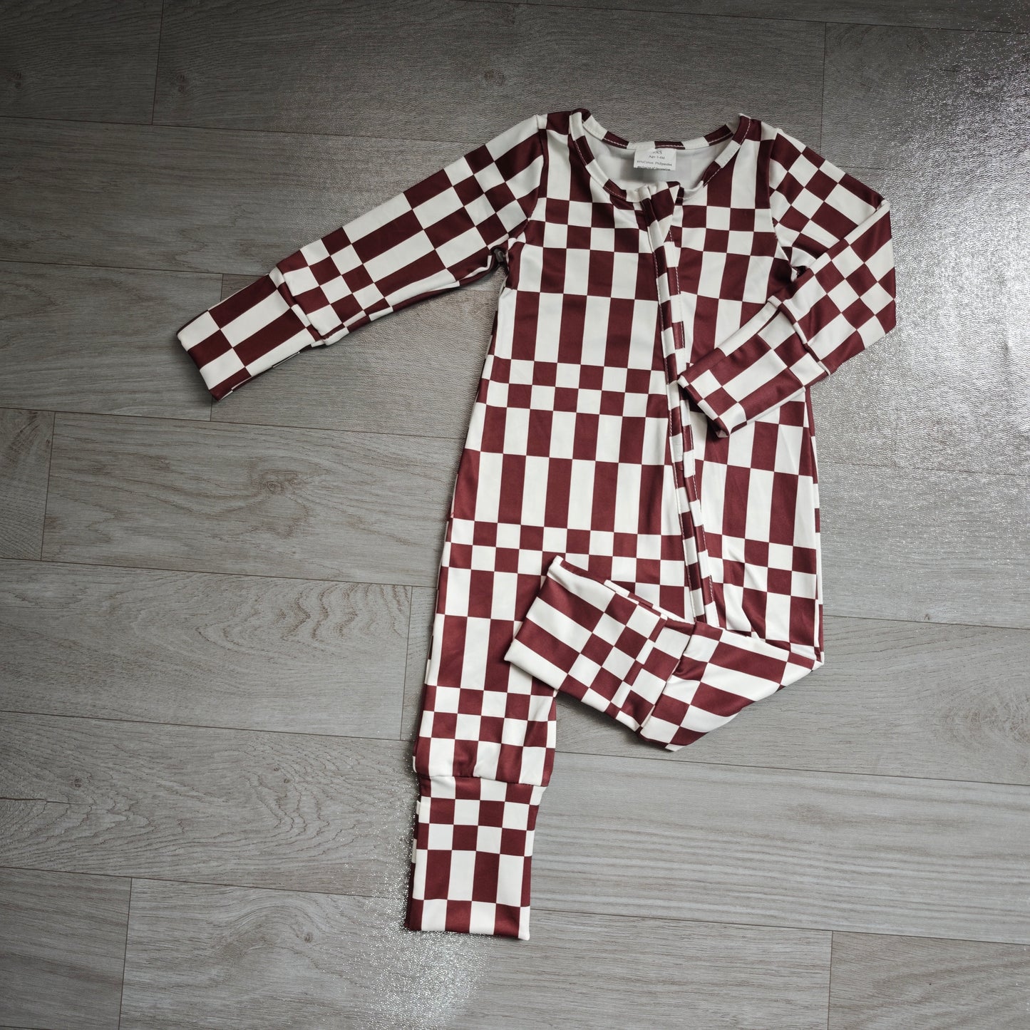 (Sample) No moq milk silk LR3114 Baby Boys Maroon Check Long Sleeve Two Way Zipper Convertible Rompers