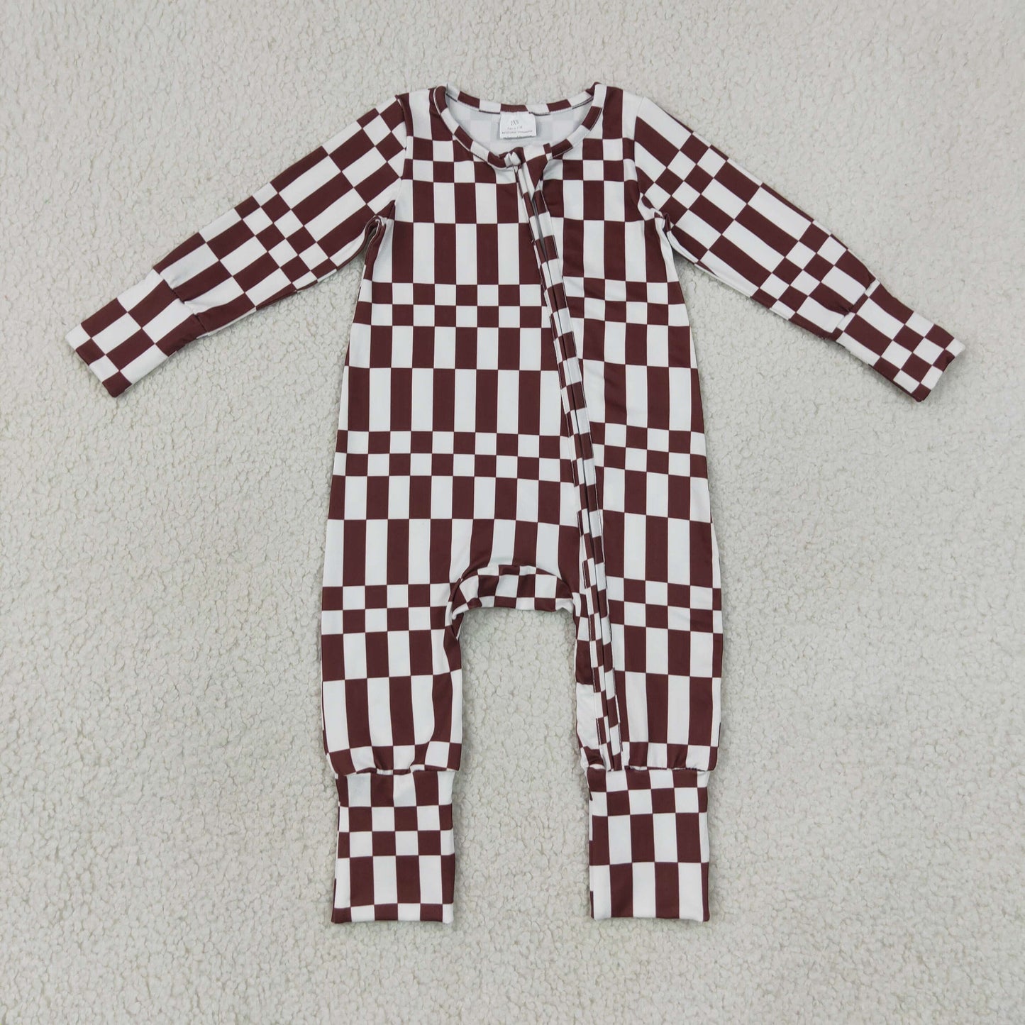 RTS NO MOQ Sibling milk silk Baby Boys Warped Checkerboard Print Two Way Zip Convertible Fall Rompers