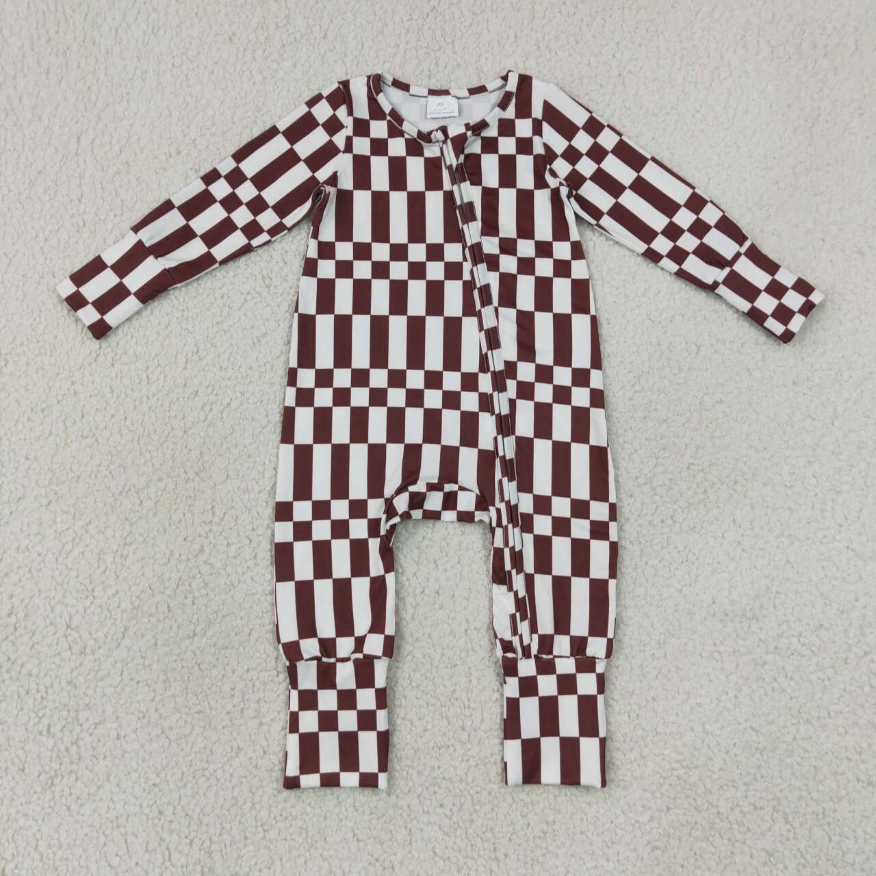 NEW RTS NO MOQ milk silk LR3114 Baby Boys Maroon Check Long Sleeve Two Way Zipper Rompers