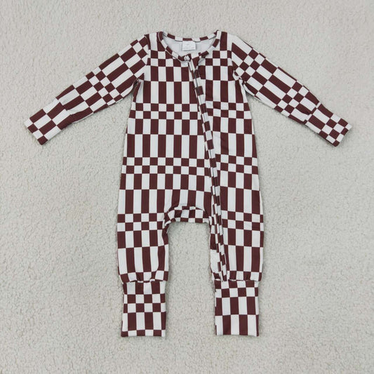 NEW RTS NO MOQ milk silk LR3114 Baby Boys Maroon Check Long Sleeve Two Way Zipper Rompers