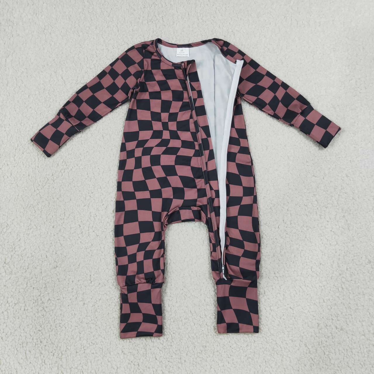 NEW RTS NO MOQ milk silk LR3115 Baby Boys Brown Black Checked Long Sleeve Two Way Zipper Convertible Casual Rompers