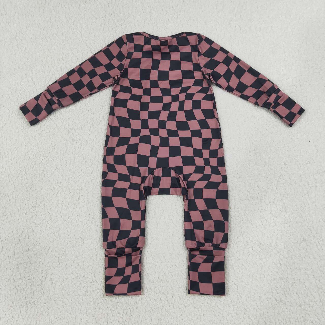 NEW RTS NO MOQ milk silk LR3115 Baby Boys Brown Black Checked Long Sleeve Two Way Zipper Convertible Casual Rompers