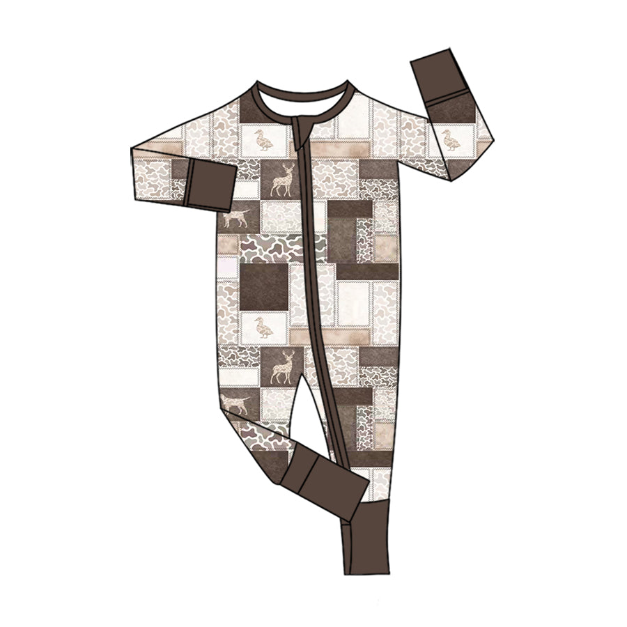 (Preorder new) No moq Baby Boys Camouflage Hunting Animal Two Way Zipper Convertible Rompers Camo Checked Blankets