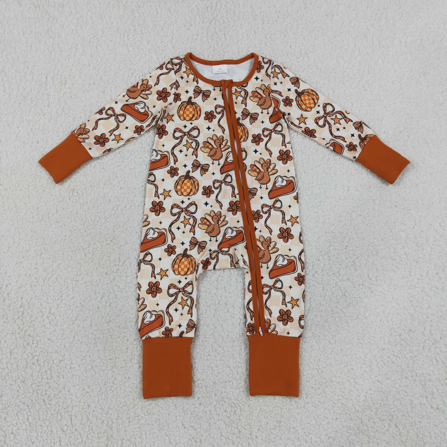 RTS NO MOQ Sibling milk silk Baby Girls Turkey Pumpkin Print Long Sleeve Top With Flare Pant Thanksgiving Fall Set Two Way Zip Convertible Rompers