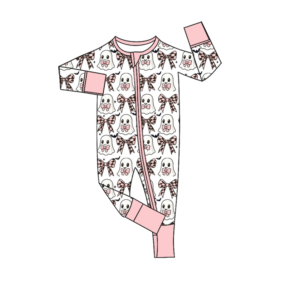 (Preorder new) No moq LR3120 Baby Girls Ghost Bow Halloween Two Way Zipper Convertible Rompers