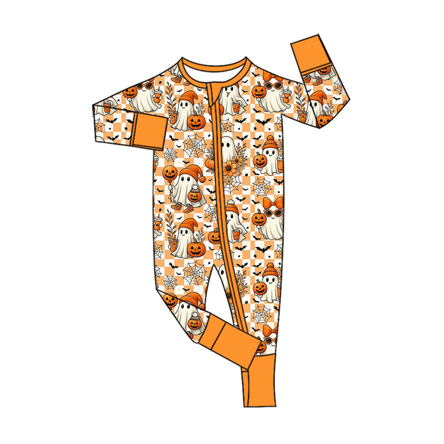 (Preorder new) No moq LR3121 Baby Boys Halloween Ghost Pumpkin Two Way Zipper Convertible Rompers