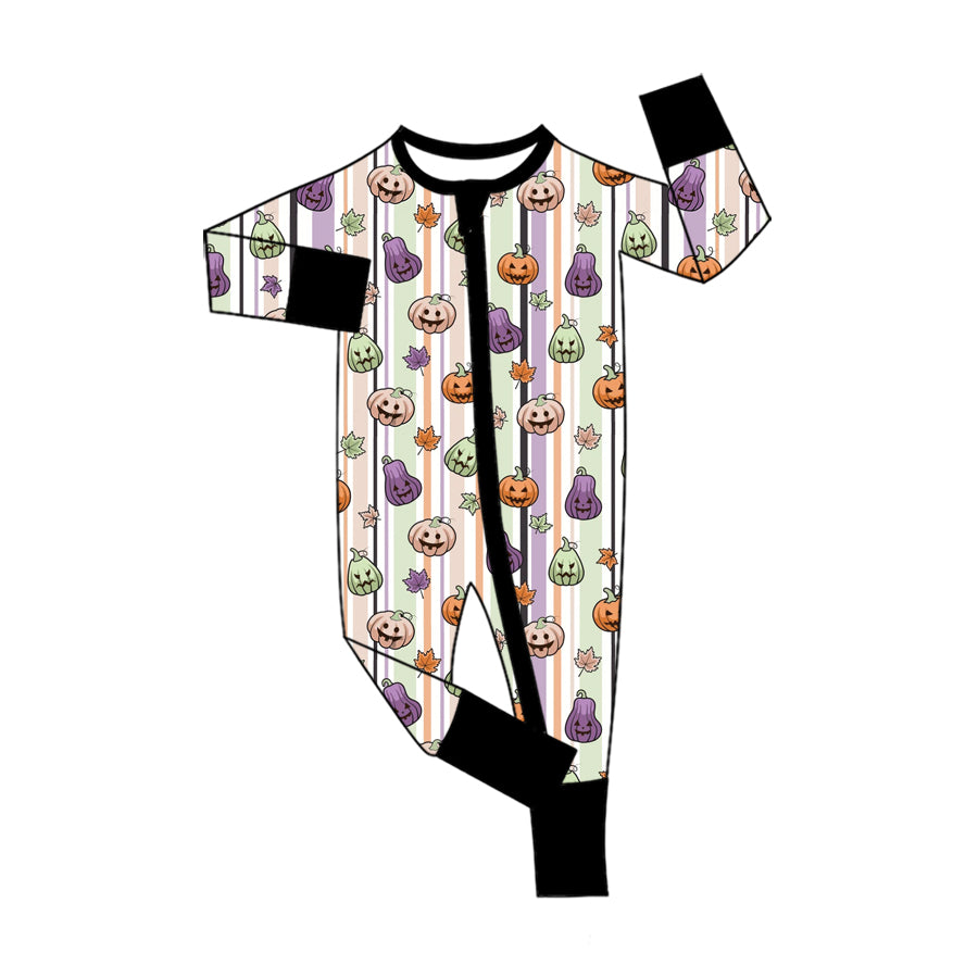 (Preorder new) No moq Baby Boys Ghost Pumpkin Stripe Print Long Sleeve Top Pants Two Piece Halloween Pajamas Sets Two Way Zip Convertible Rompers
