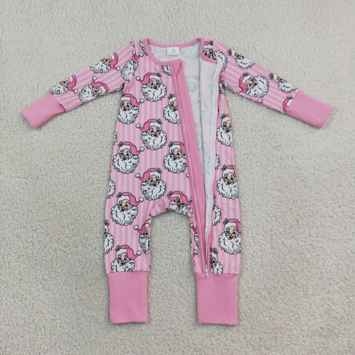 NEW RTS NO MOQ milk silk LR3125 Baby Girls Pink Stripe Santa Christmas Two Way Zip Convertible Long Sleeve Holiday Rompers