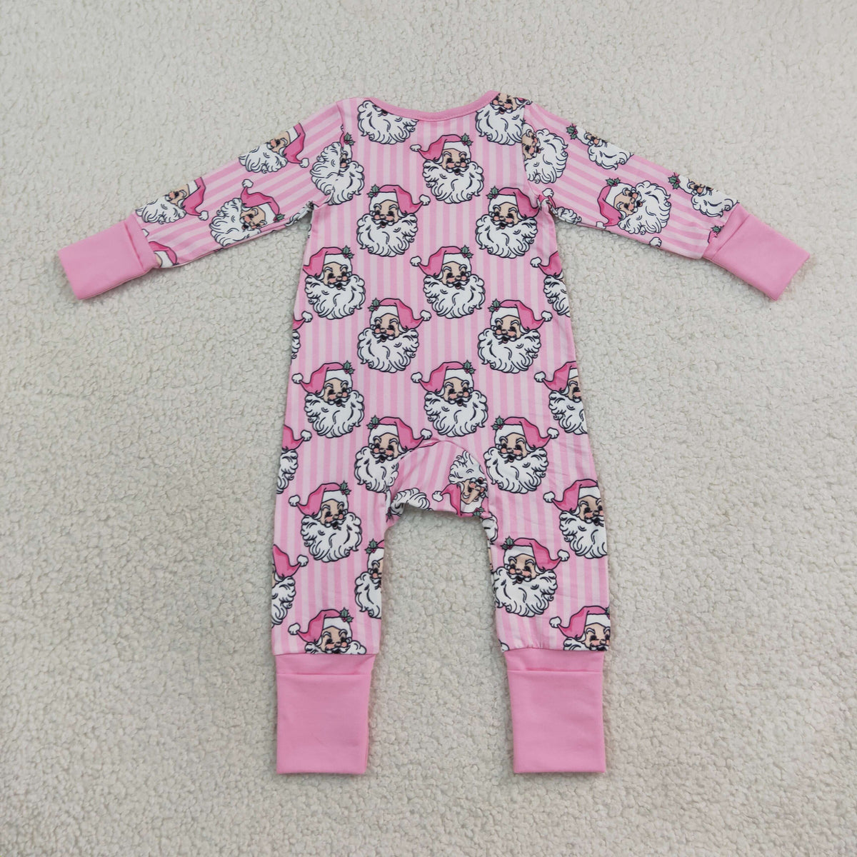 NEW RTS NO MOQ milk silk LR3125 Baby Girls Pink Stripe Santa Christmas Two Way Zip Convertible Long Sleeve Holiday Rompers