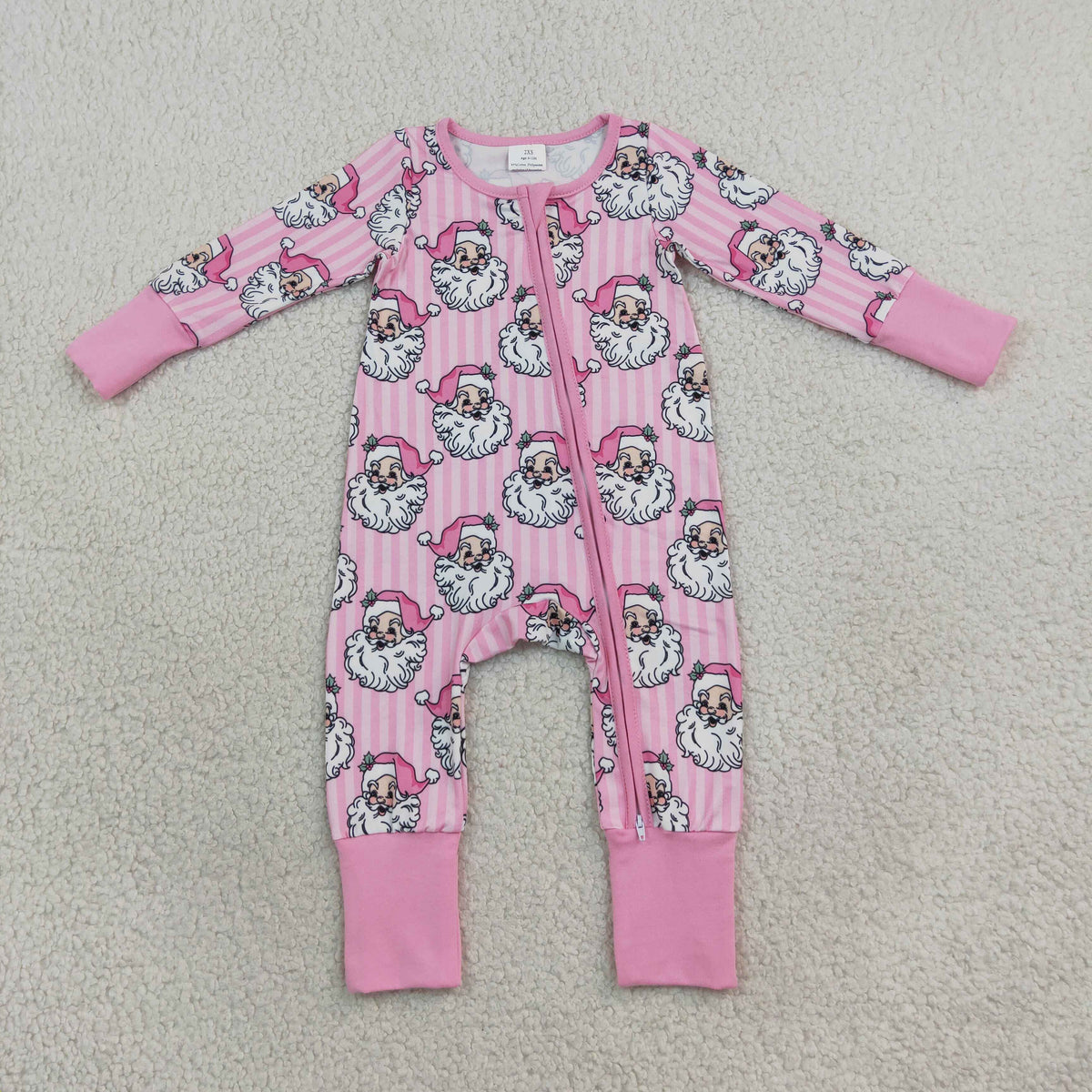 RTS NO MOQ Sibling milk silk Baby Girls Pink Stripe Santa Print Long Sleeve Pant Set And Baby Zipper Romper