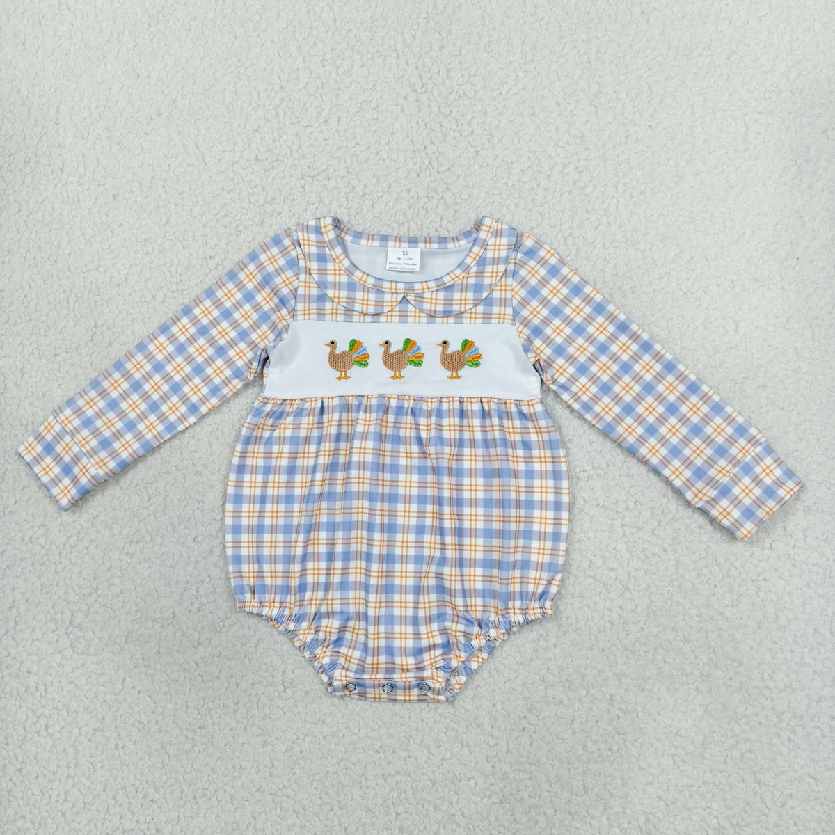 NEW RTS NO MOQmilk silk LR3132 Embroidery Turkey Baby Boys Long Sleeve Thanksgivings Checked Rompers