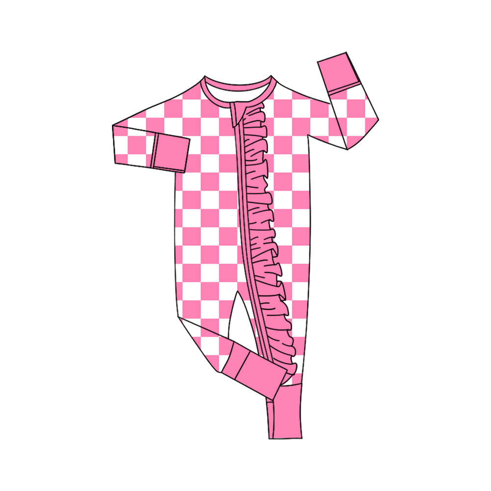 (Preorder new) No moq LR3134 Baby Girls Pink Checked Two Way Zipper Ruffle Trim Convertible Rompers
