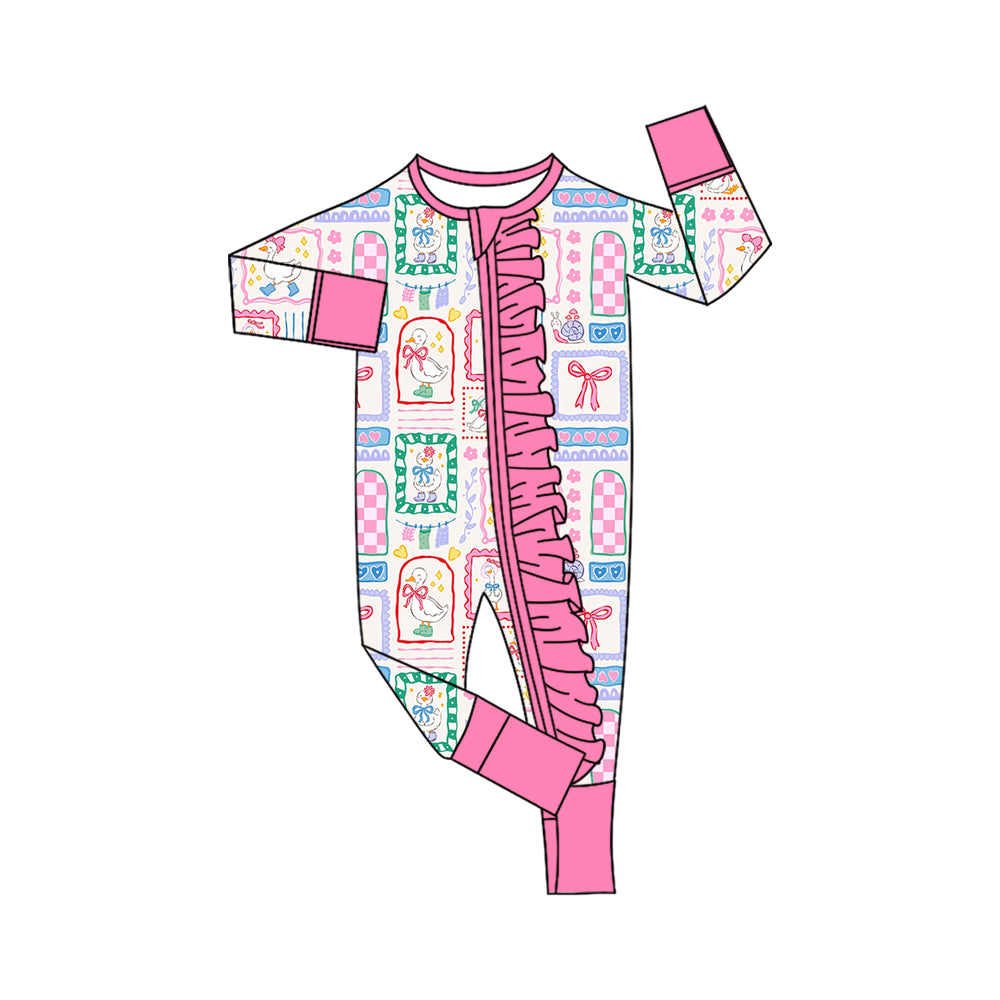 (Preorder new) No moq LR3135 Baby Girls Floral Goose Print Two Way Zipper Ruffle Trim Convertible Rompers