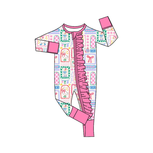 (Preorder new) No moq LR3135 Baby Girls Floral Goose Print Two Way Zipper Ruffle Trim Convertible Rompers