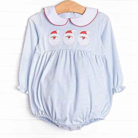 (Preorder new) No moq LR3136 Baby Girls Christmas Blue Stripe Santa Print Long Sleeve Ruffle Trim Rompers