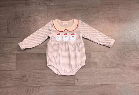 (Sample) No moq milk silk LR3136 Embroidery Baby Girls Christmas Blue Stripe Santa Print Long Sleeve Ruffle Trim Rompers
