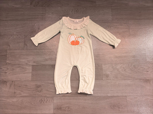 (Sample) No moq milk silk LR3137 Embroidery Baby Girls Long Sleeve Green Stripe Flower Pumpkins Fall Rompers