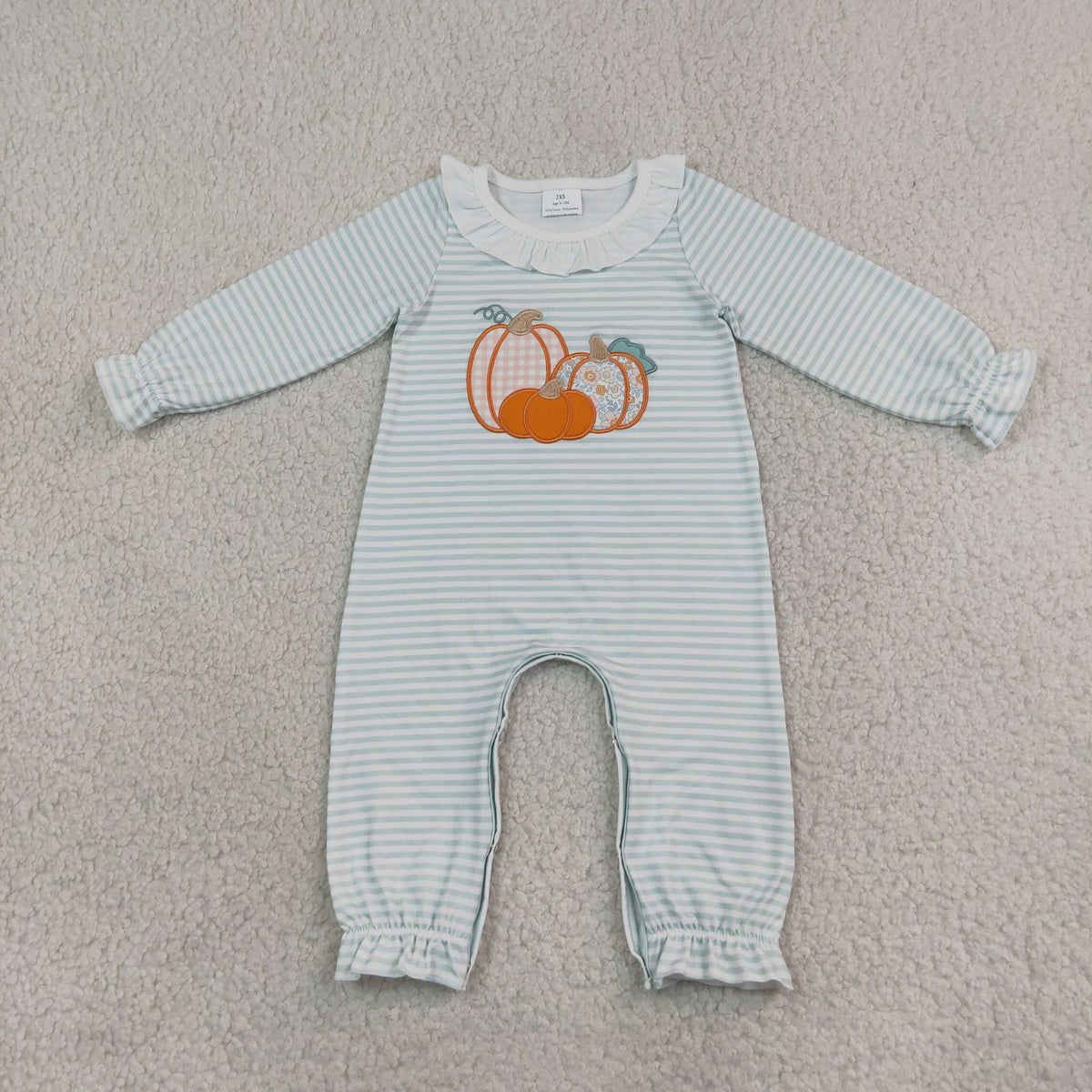 NEW RTS NO MOQ milk silk LR3137 Embroidery Baby Girls Long Sleeve Green Stripe Flower Pumpkins Cute Rompers