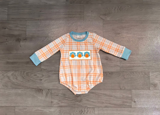 (Sample) No moq milk silk LR3138 Embroidery Pumpkins Turkey Baby Boys Thanksgivings Checked Rompers