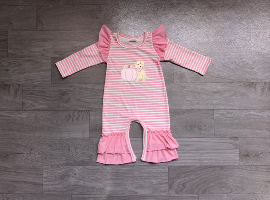 (Sample) No moq milk silk LR3140 Embroidery Baby Girls Pink Stripe Pumpkin Dog Print Long Sleeve Ruffle Pant Fall Romper