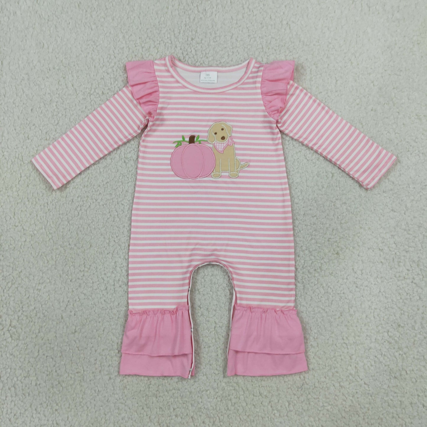RTS NO MOQ Sibling milk silk Embroidery Pumpkins Dogs Baby Girls Pink Stripe Tunic Leggings Fall Clothes Sets Romper