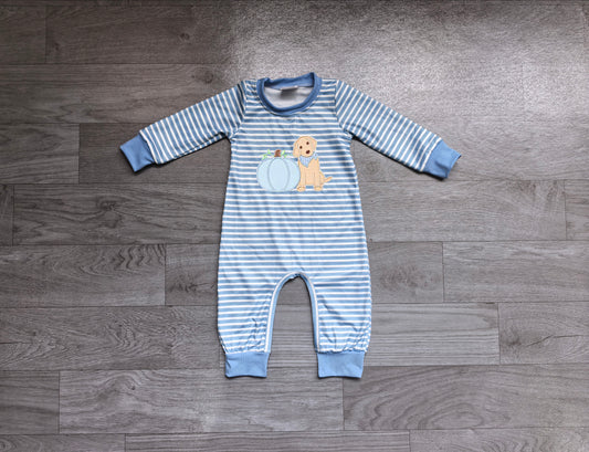 (Sample) No moq milk silk LR3141 Embroidery Baby Boys Blue Stripe Pumpkin Dog Print Long Sleeve Romper