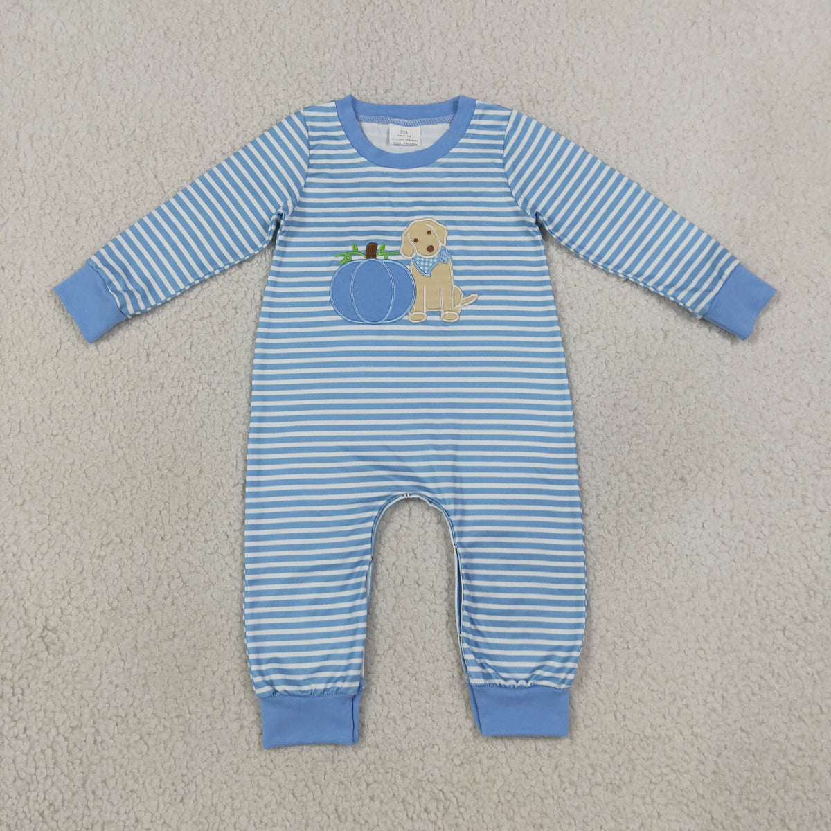 NEW RTS NO MOQ milk silk LR3141 Embroidery Baby Boys Blue Stripe Pumpkin Dog Print Long Sleeve Holiday Romper