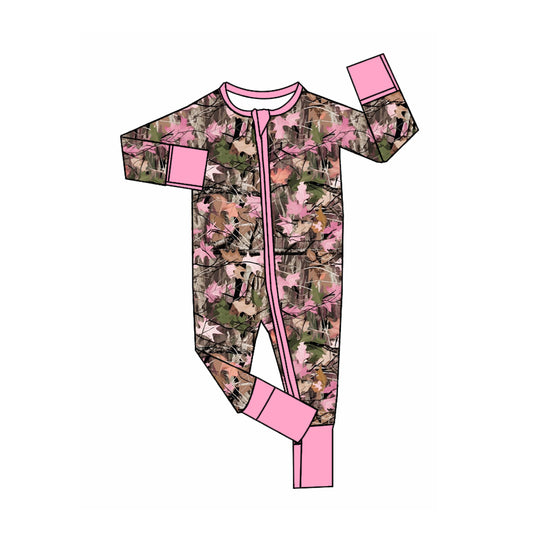 (Preorder new) No moq LR3142 Baby Girls Leaves Camo Print Two Way Zipper Convertible Long Sleeve Rompers