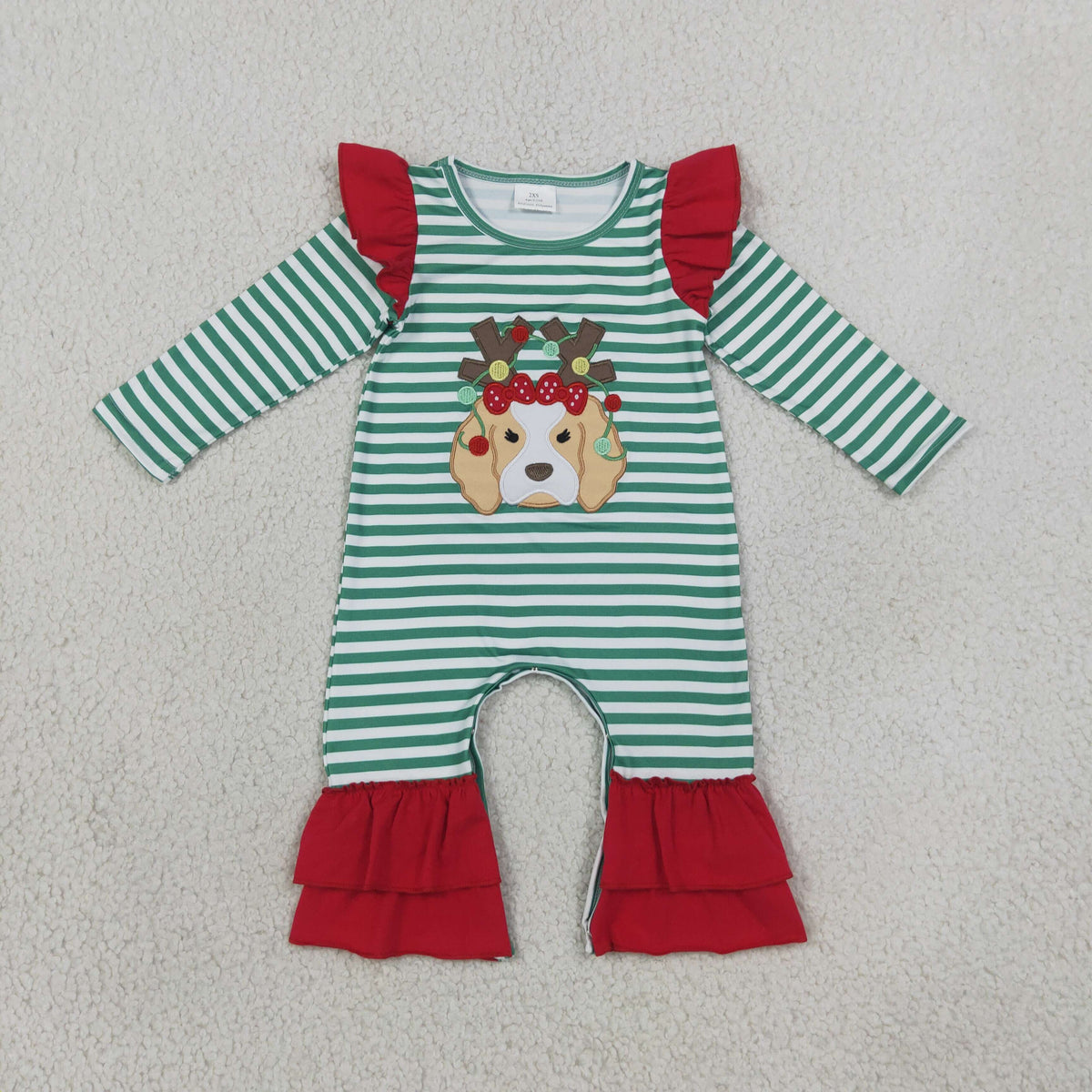 NEW RTS NO MOQ milk silk LR3145 Embroidery Baby Girls Green Stripe Light Dog Print Ruffle Romper