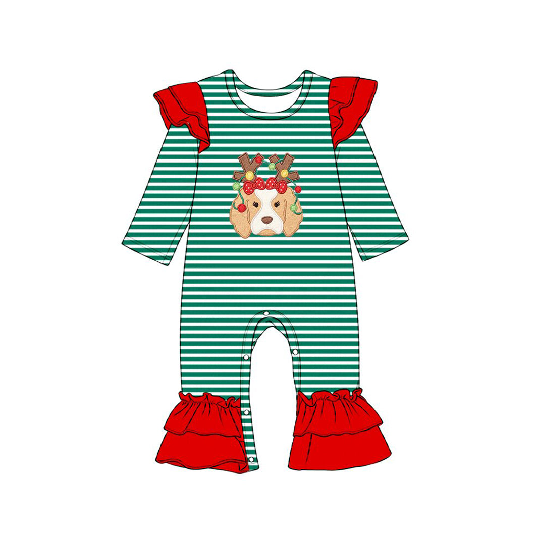 (Preorder new) No moq Embroidery Baby Girls Lights Dog Print Long Sleeve Stripe Tunic Leggings Christmas Holiday Matching Clothes Sets Rompers